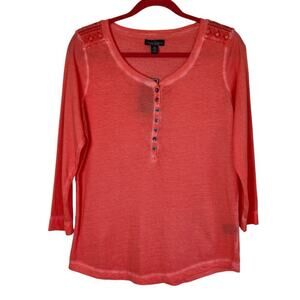 Lauren Ralph Lauren 3/4 Henley Top Lightweight Crochet Shoulder Coral Sz M NWT